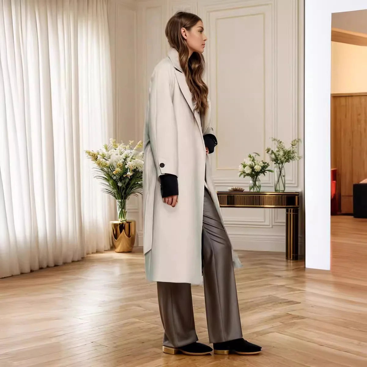 Women’s Trench Coat – Wool – Relaxed Fit – Notched Lapel – Belted – Mid-Calf Length