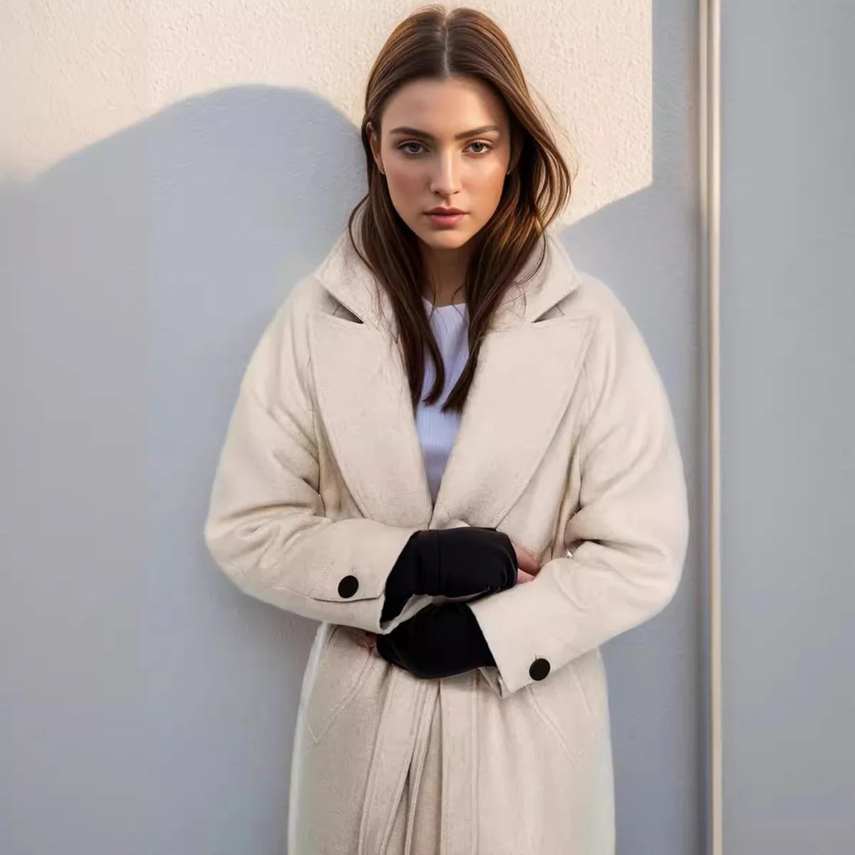 Women’s Trench Coat – Wool – Relaxed Fit – Notched Lapel – Belted – Mid-Calf Length