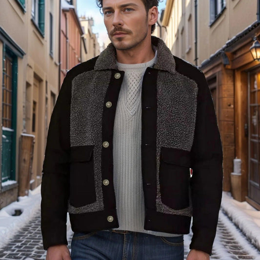 Men’s Regular Fit Coat – Sherpa Collar – Patchwork Design – Waist-Length Outerwear