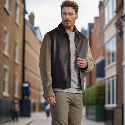 Men’s Leather Jacket – Relaxed Fit – Hybrid Design – Contrasting Sleeves – Full Zip