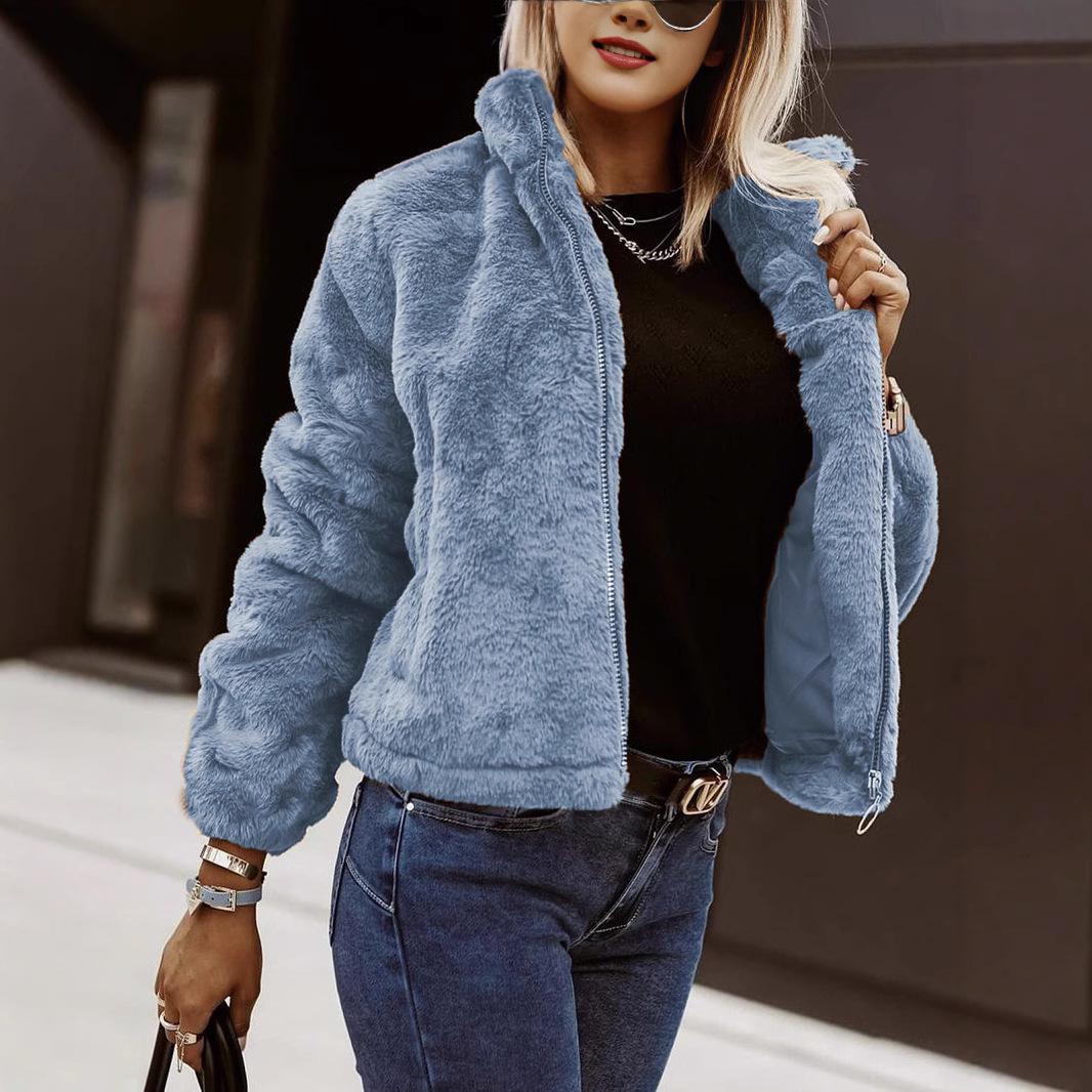 Women’s Fleece Jacket – Faux Leather – Plush Texture – Zipper Front – High Collar – Relaxed Fit