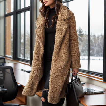 Women’s Overcoat – Relaxed Fit – Plush Textured Fabric – Open Front – Mid-Calf Length