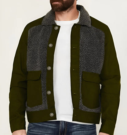 Men’s Regular Fit Coat – Sherpa Collar – Patchwork Design – Waist-Length Outerwear