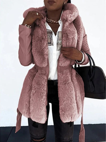 Women’s Mid-Length Coat – Faux Fur Front – Tailored Fit – Belted Waist – Long Sleeve