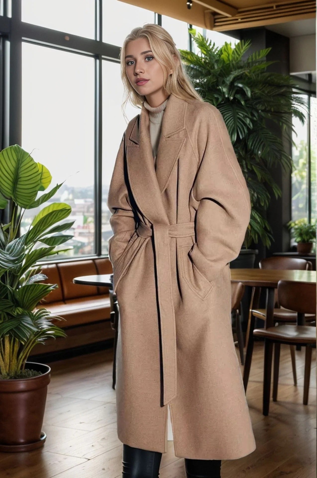 Women’s Trench Coat – Wool – Relaxed Fit – Notched Lapel – Belted – Mid-Calf Length