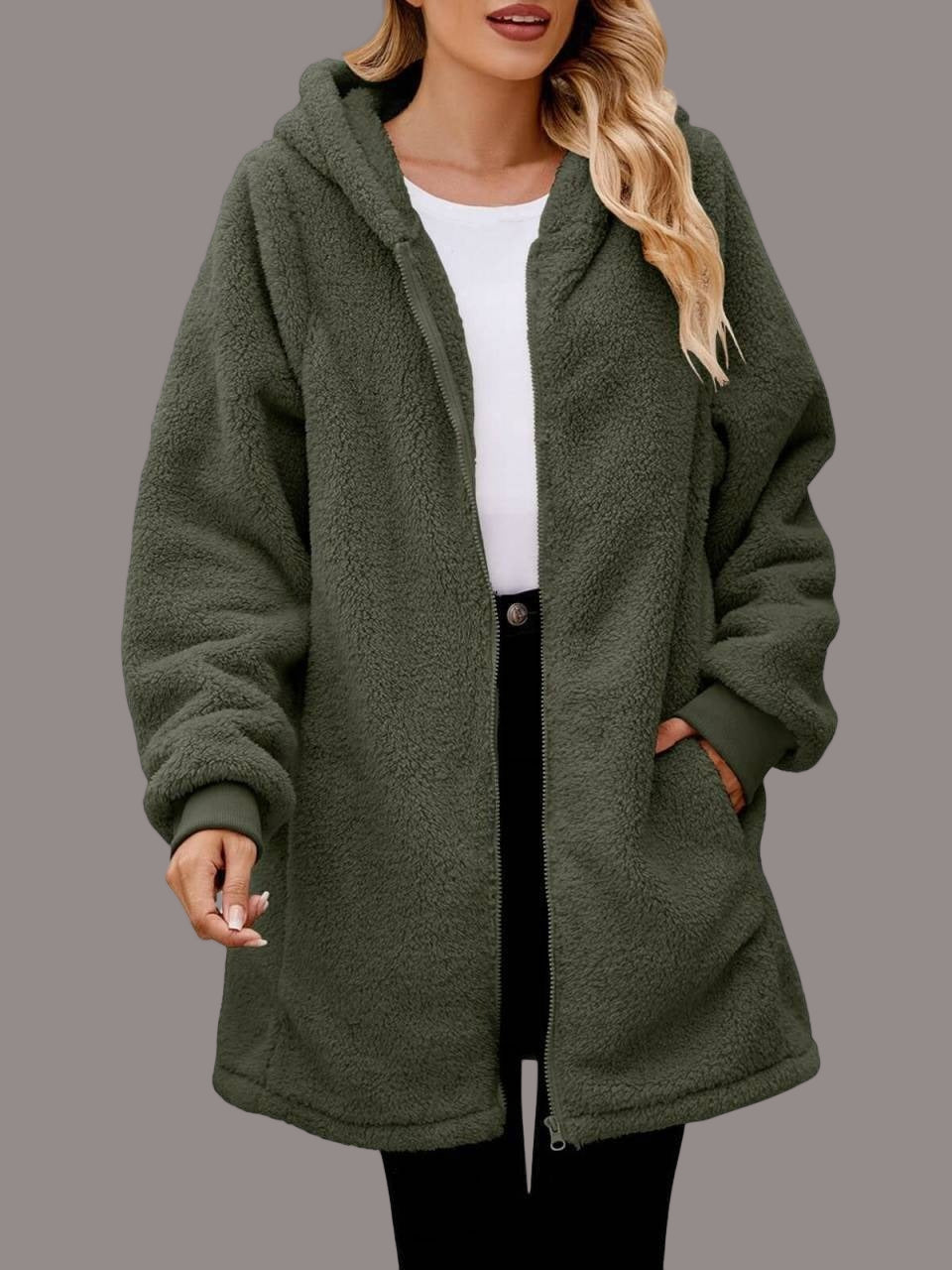 Women’s Hooded Jacket – Plush Fleece – Oversized Fit – Zipper Front – Ribbed Cuffs