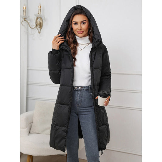 Women’s Padded Coat – Slim Fit – Quilted Mid-Length – Hooded Warm Zip Closure