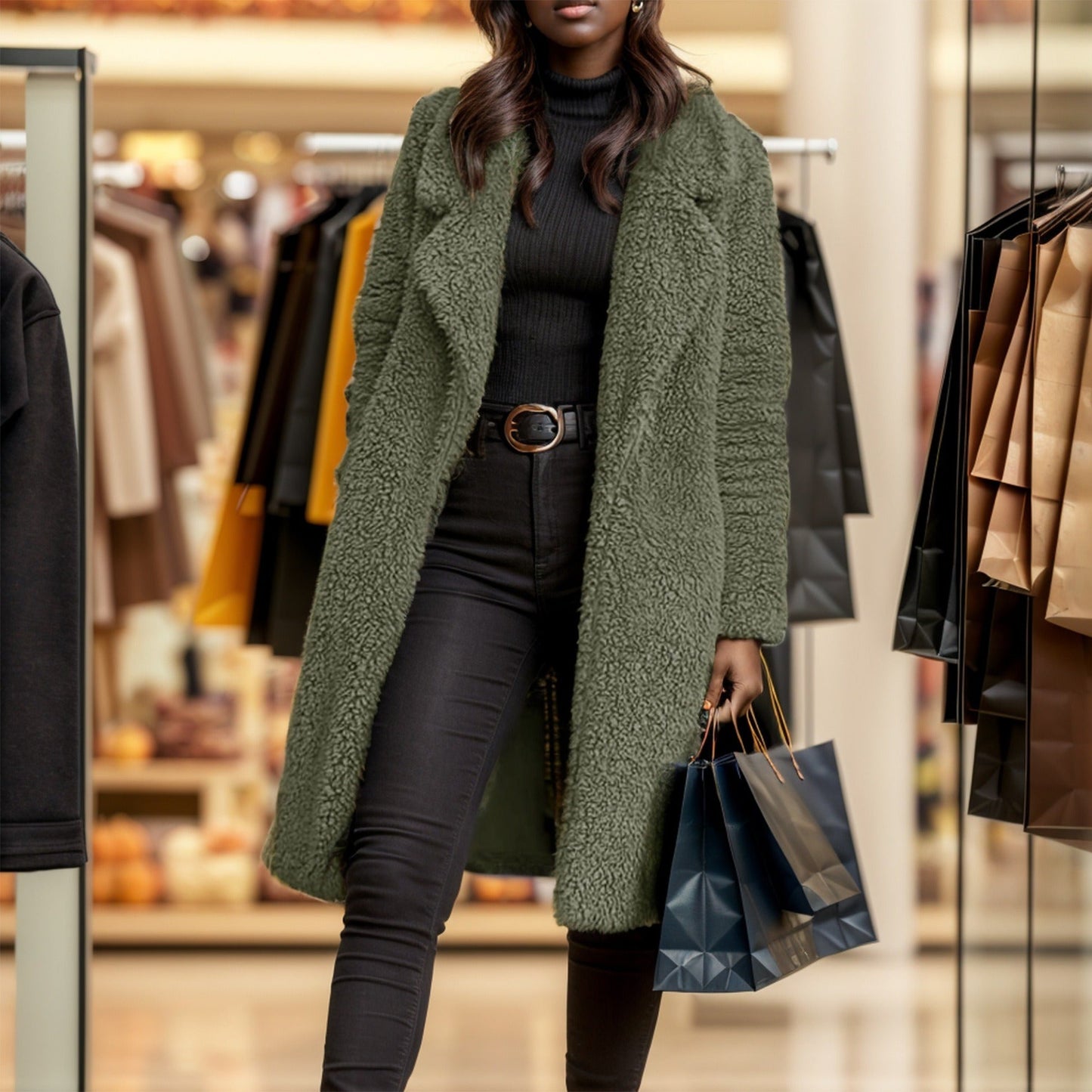 Women’s Overcoat – Relaxed Fit – Plush Textured Fabric – Open Front – Mid-Calf Length
