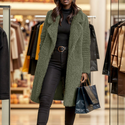 Women’s Overcoat – Relaxed Fit – Plush Textured Fabric – Open Front – Mid-Calf Length