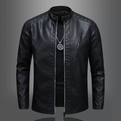 Men’s Motorcycle Jacket – Slim Fit – Stand Collar – Quilted Shoulders – Zipper Pocket
