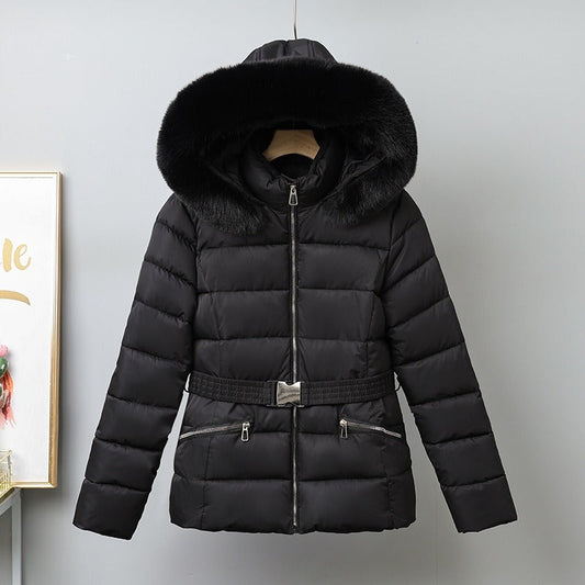Women’s Puffer Coat – Quilted Insulated – Belted Waist – Removable Fur Hood