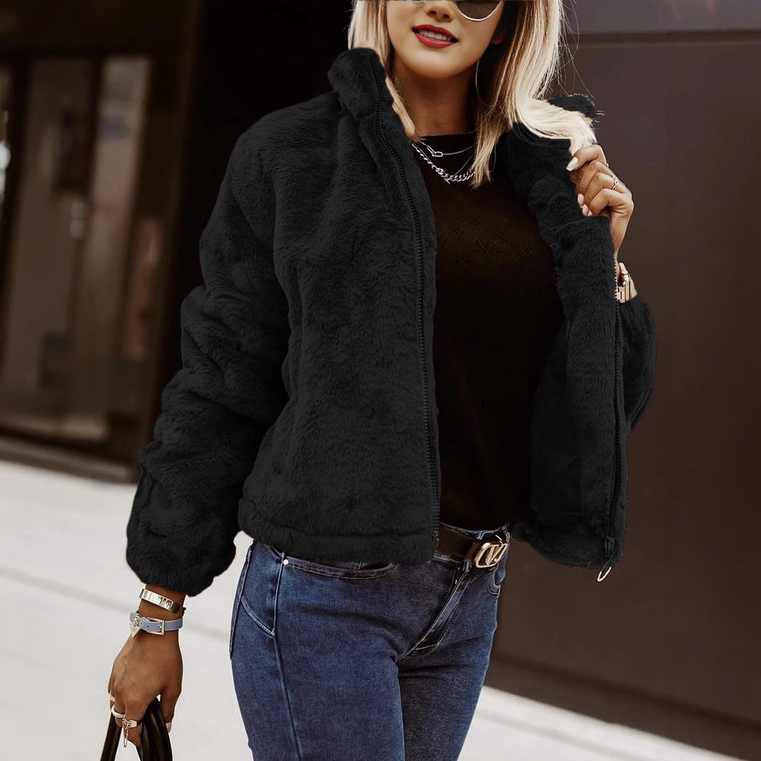 Women’s Fleece Jacket – Faux Leather – Plush Texture – Zipper Front – High Collar – Relaxed Fit