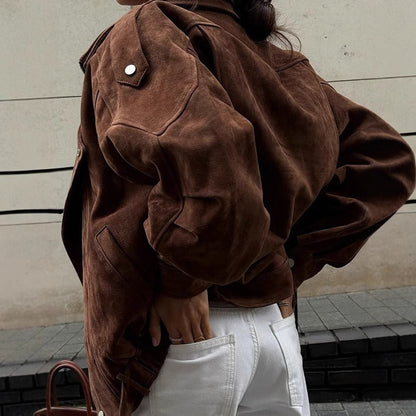 Women’s Bomber Jacket – Oversized Fit – Suede-Like Texture – Asymmetrical Zipper – Strap Details