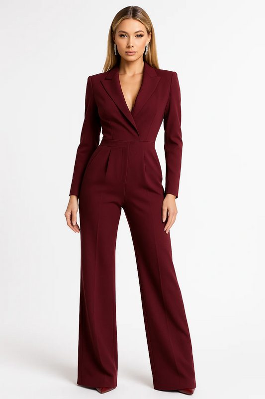 Women’s Jumpsuit – Structured Fit – V-Neck – Long Sleeve – Wide-Leg Crepe Style