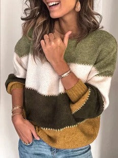Women’s Pullover Sweater – Relaxed Fit – Wool Knit – Long Sleeve – Striped Pattern