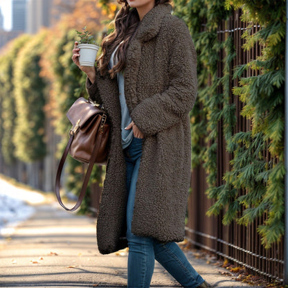 Women’s Overcoat – Relaxed Fit – Plush Textured Fabric – Open Front – Mid-Calf Length
