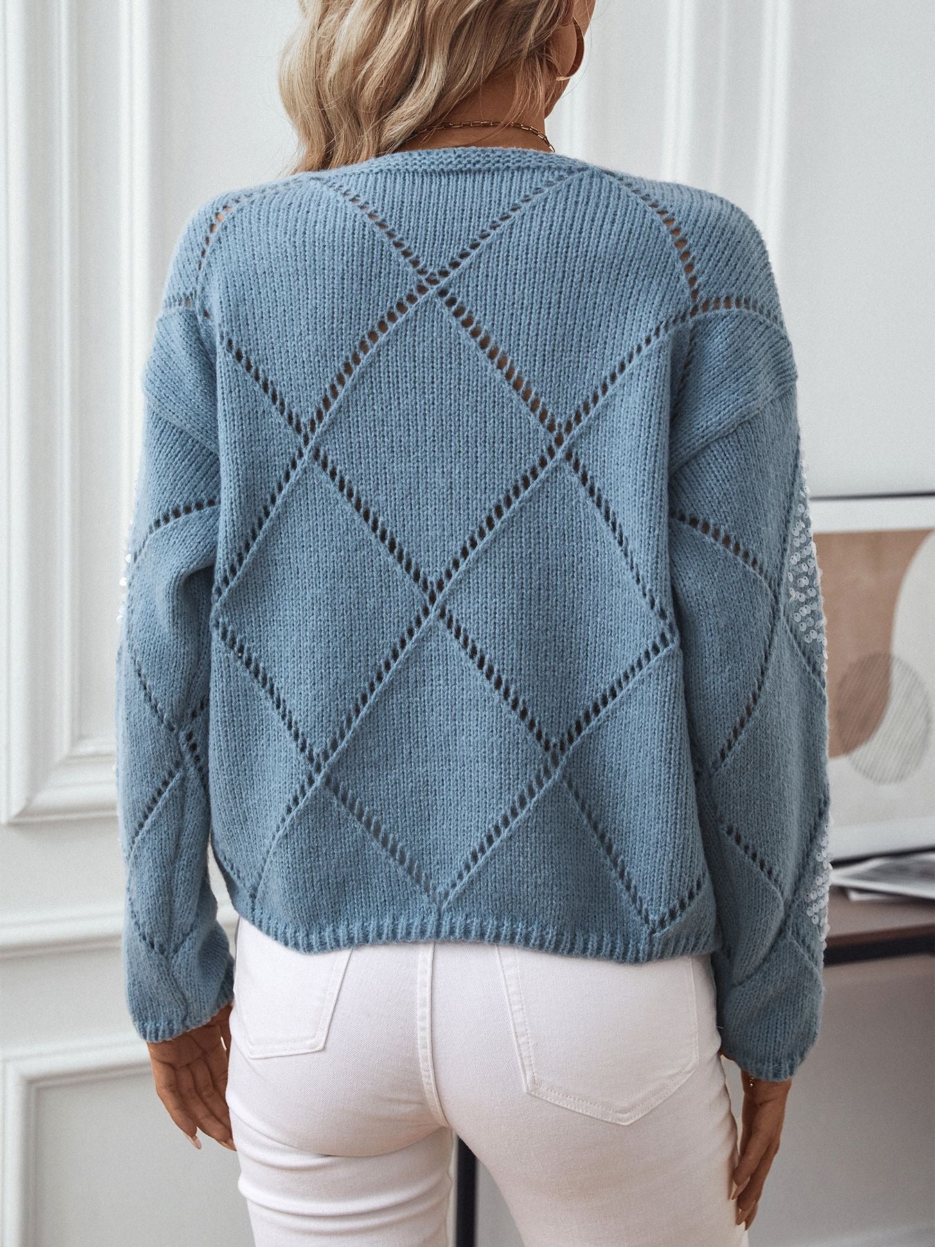 Women’s Knitted Sweatshirt – Relaxed Fit – Sequin Diamond Openwork – Long Sleeve