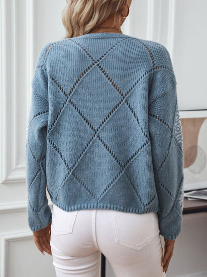 Women’s Knitted Sweatshirt – Relaxed Fit – Sequin Diamond Openwork – Long Sleeve