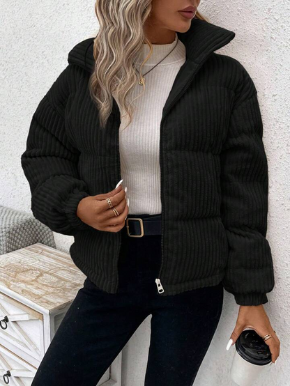 Women’s Jacket – Corduroy Ribbed Texture – Padded – Relaxed Fit – Zipper Front – High Collar