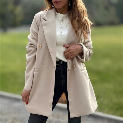 Women’s Long Blazer Coat – Oversized Fit – Double-Breasted – Notched Lapel – Flap Pockets