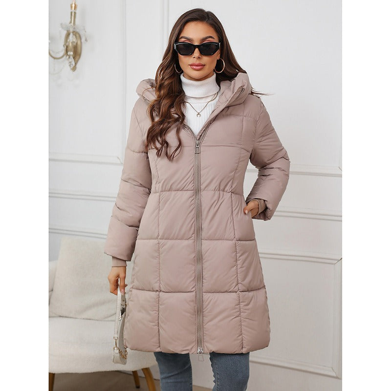 Women’s Padded Coat – Slim Fit – Quilted Mid-Length – Hooded Warm Zip Closure