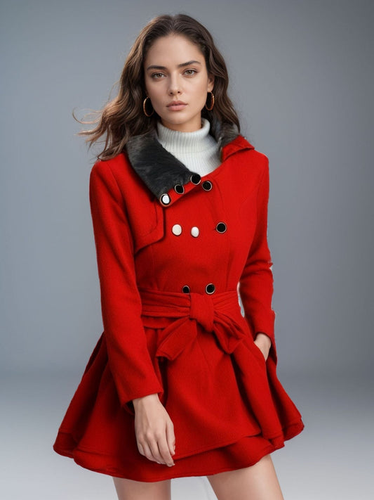 Women’s Wool-Blend Winter Coat – Slim Fit – Belted – Faux Fur Collar – Flared Silhouette