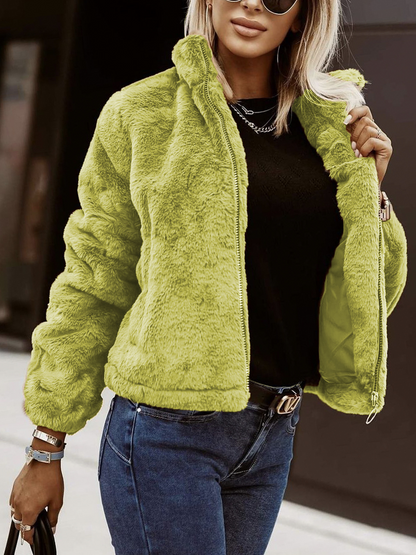 Women’s Fleece Jacket – Faux Leather – Plush Texture – Zipper Front – High Collar – Relaxed Fit