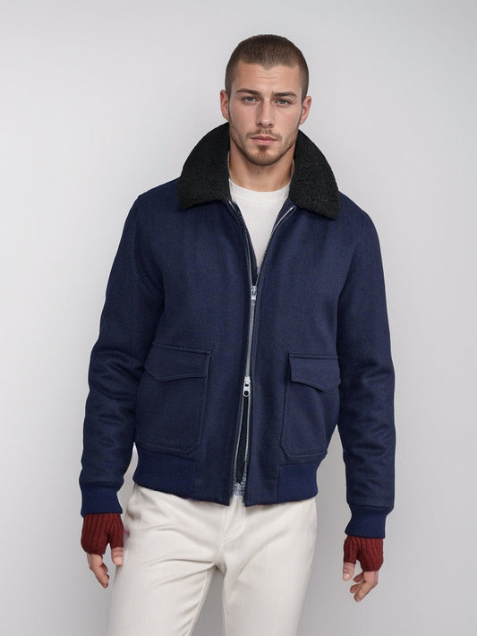 Men’s Bomber Jacket – Wool Blend – Shearling Collar – Two-Way Zipper – Ribbed Trim