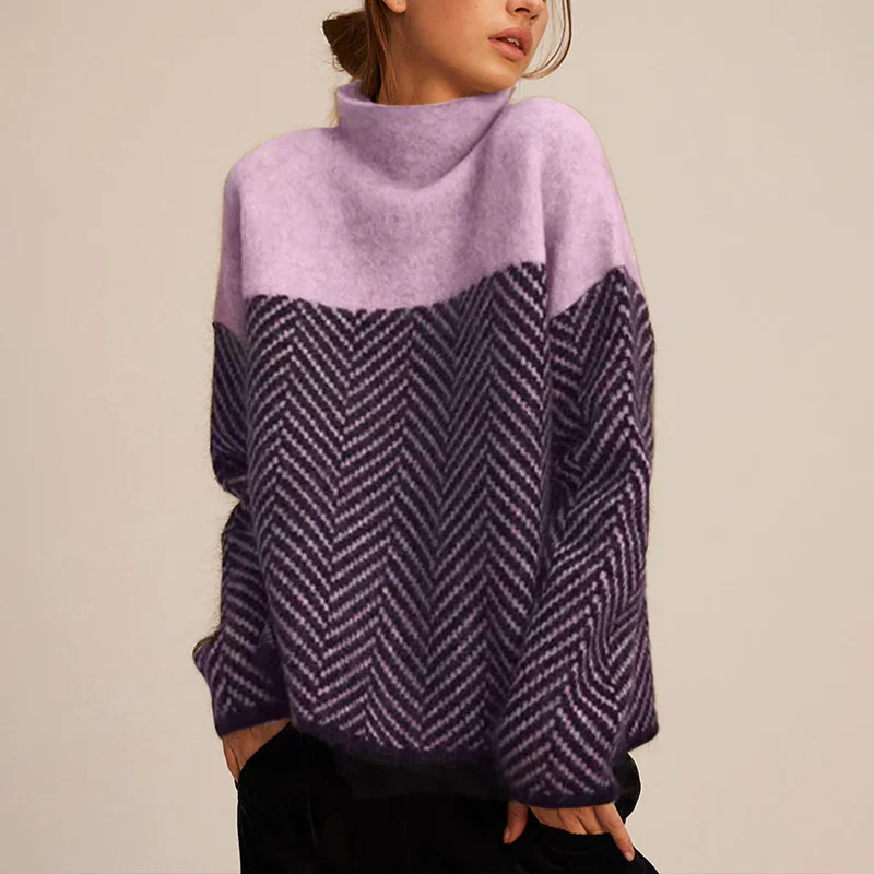 Women’s Turtleneck Sweatshirt – Wool – Relaxed Fit – Chevron Knit – Long Sleeve – Hip Length