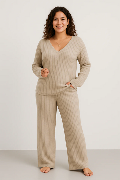 Women’s Lounge Set – Ribbed Knit – Relaxed Fit – V-Neck Top – Wide-Leg Pants