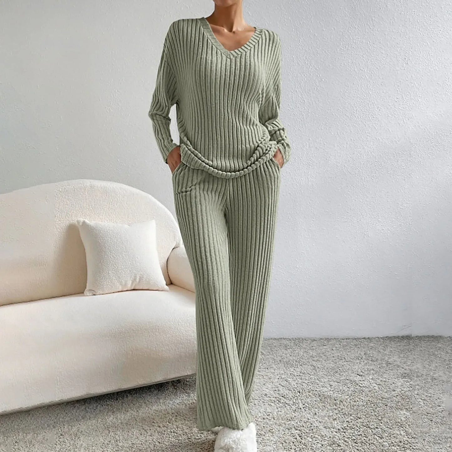 Women’s Lounge Set – Ribbed Knit – Relaxed Fit – V-Neck Top – Wide-Leg Pants