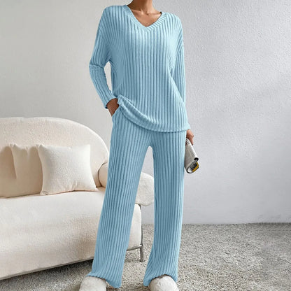 Women’s Lounge Set – Ribbed Knit – Relaxed Fit – V-Neck Top – Wide-Leg Pants