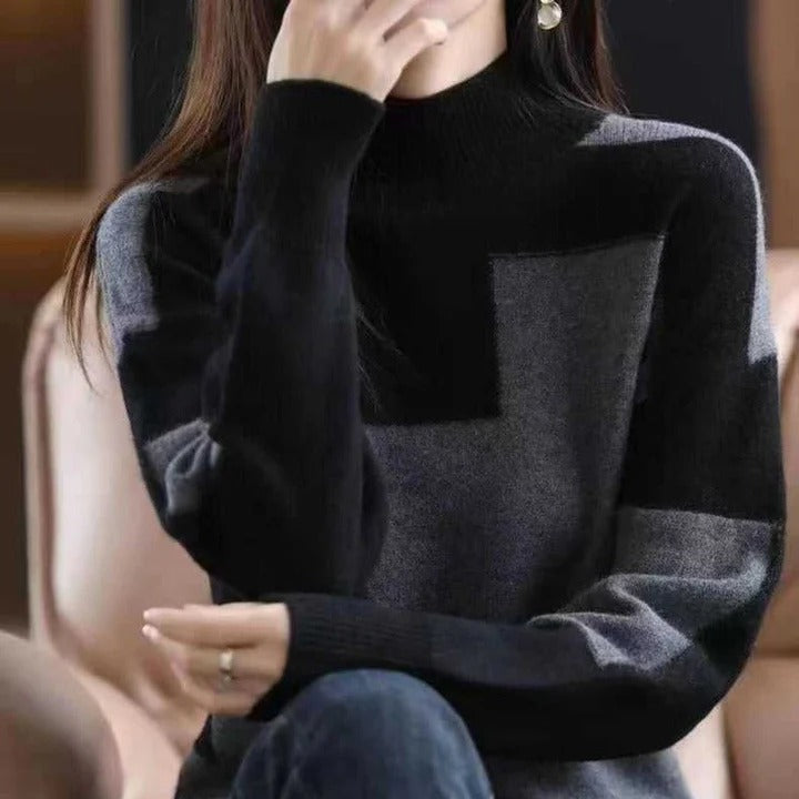 Women’s Pullover Sweatshirt – Relaxed Fit – Knit Fabric – Mock Neck – Patchwork Design