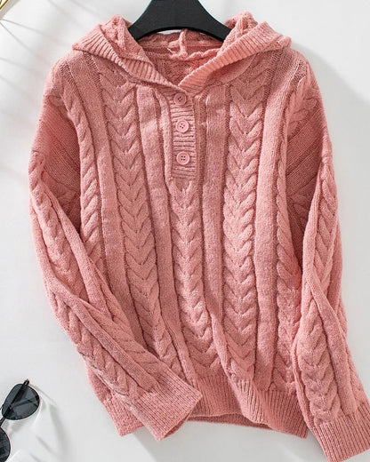 Women’s Knitted Top – Relaxed Fit – Cable Knit – Henley Placket – Long Sleeve