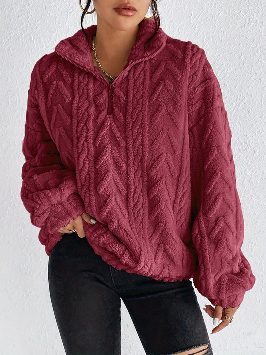 Women’s Sweatshirt – Oversized Relaxed Fit – Plush Chevron Texture – Quarter Zip
