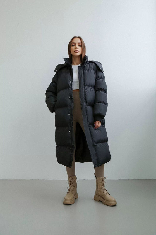 Women’s Puffer Trench Coat – Oversized Fit – Quilted Insulated – Hooded High Collar – Full Zip