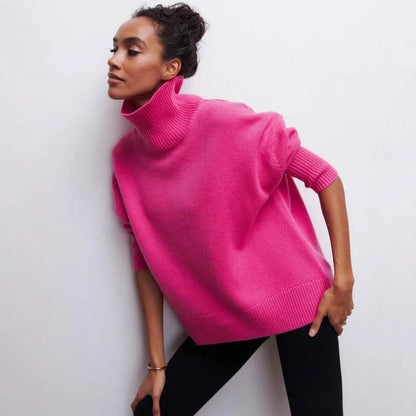 Women’s Turtleneck Knit Top – Oversized Fit – Cropped Length – Wool Blend – Ribbed Hem