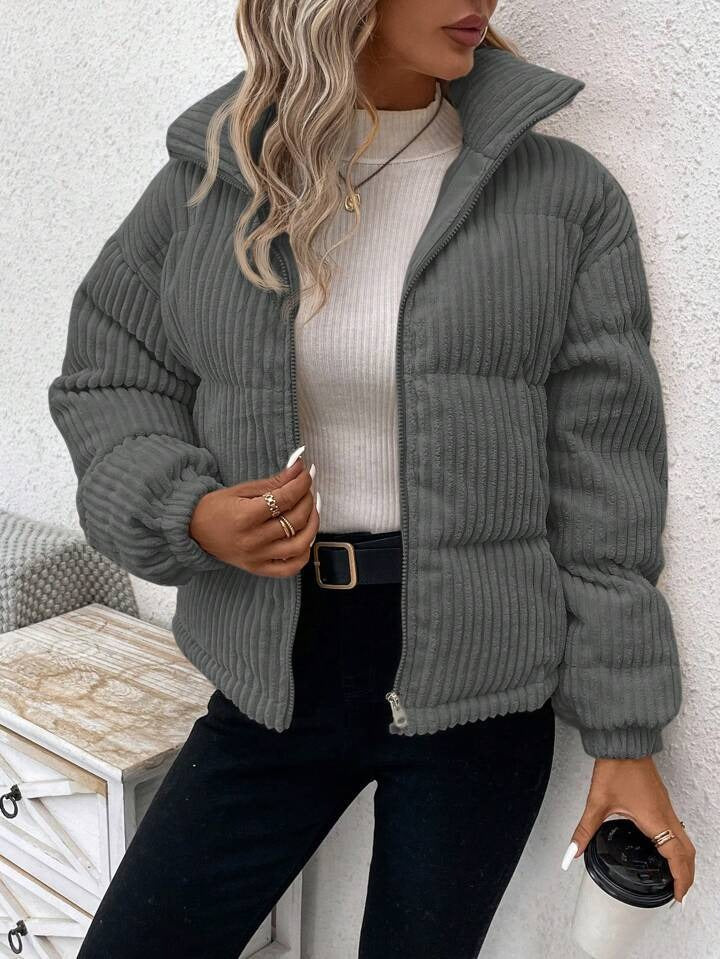 Women’s Jacket – Corduroy Ribbed Texture – Padded – Relaxed Fit – Zipper Front – High Collar