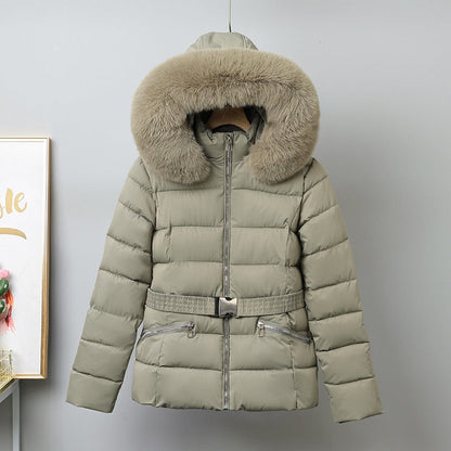 Women’s Puffer Coat – Quilted Insulated – Belted Waist – Removable Fur Hood