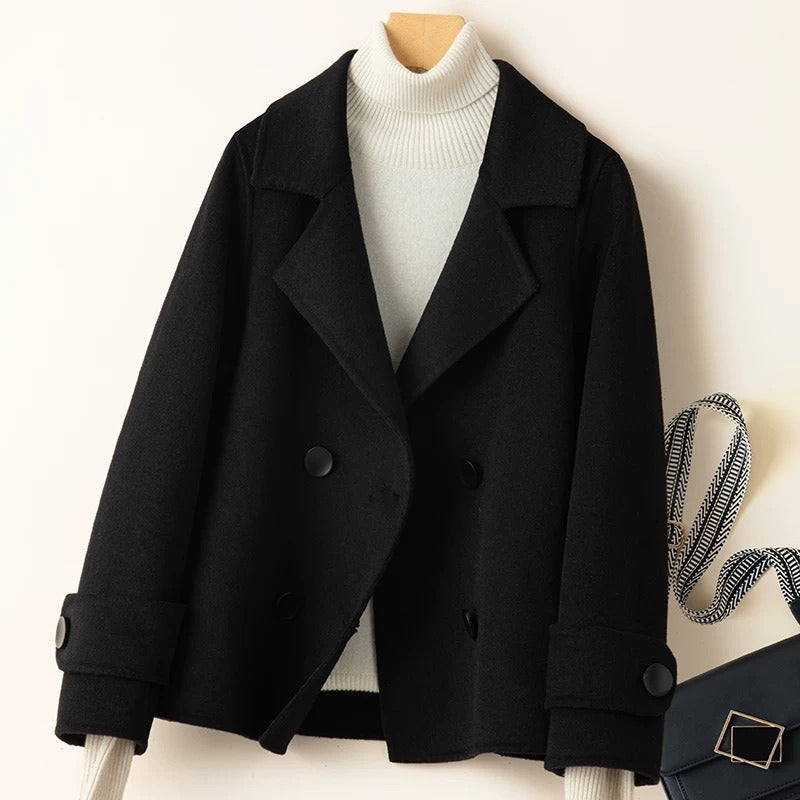 Women’s Short Coat – Wool Blend – Tailored Fit – Double-Breasted – Notched Lapel