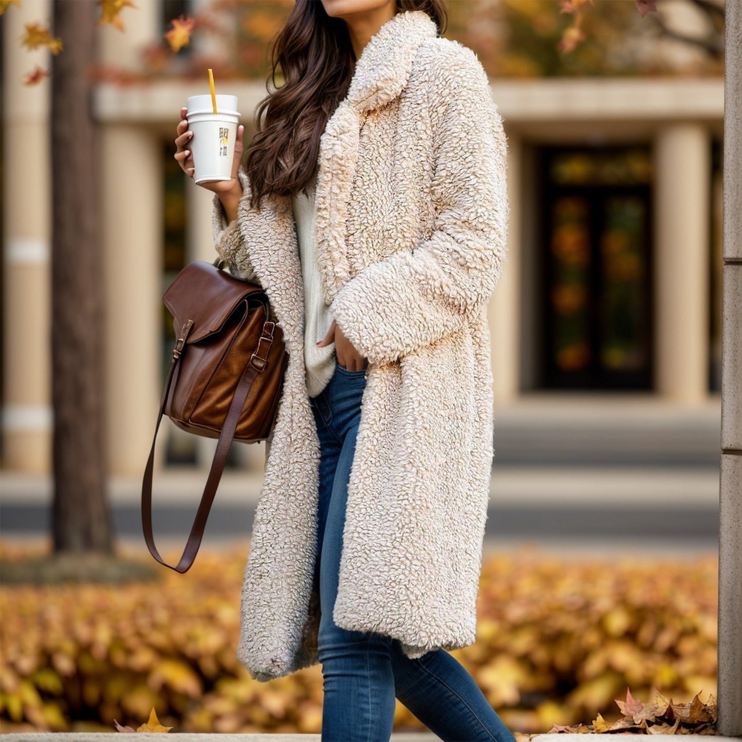 Women’s Overcoat – Relaxed Fit – Plush Textured Fabric – Open Front – Mid-Calf Length