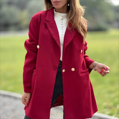 Women’s Long Blazer Coat – Oversized Fit – Double-Breasted – Notched Lapel – Flap Pockets