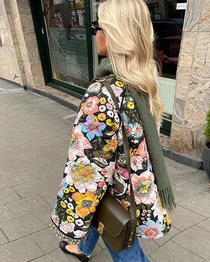 Women’s Quilted Coat – Relaxed Fit – Floral Print – Plush Lining – Button Front