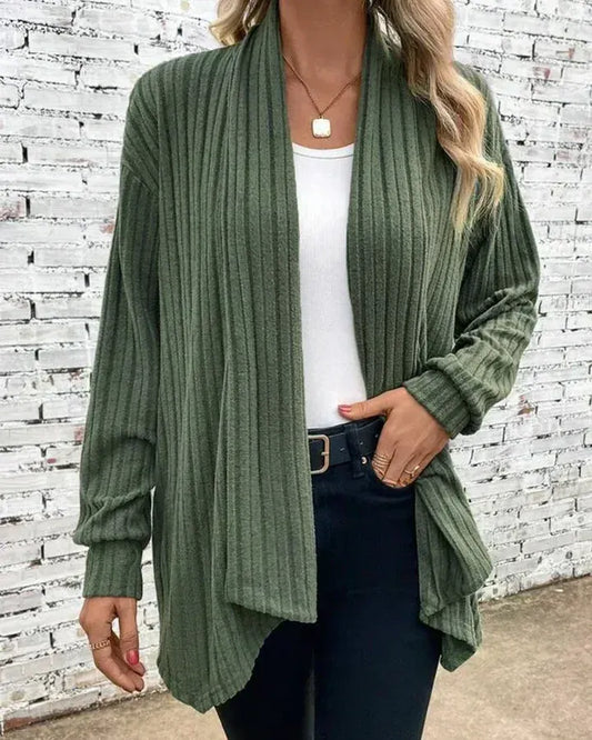 Women’s Cardigan – Ribbed Knit – Relaxed Fit – Open Front – Asymmetrical Hem