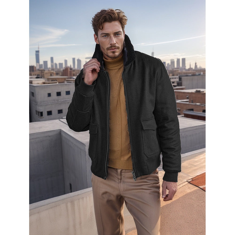 Men’s Bomber Jacket – Wool Blend – Shearling Collar – Two-Way Zipper – Ribbed Trim