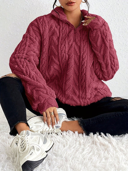 Women’s Sweatshirt – Oversized Relaxed Fit – Plush Chevron Texture – Quarter Zip