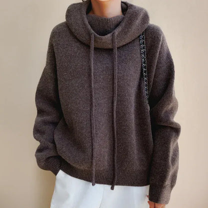 Women’s Knitted Sweatshirt – Oversized Fit – Soft Wool Blend – Cowl Neck with Drawstring