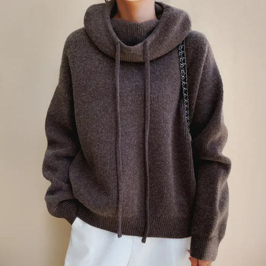 Women’s Knitted Sweatshirt – Oversized Fit – Soft Wool Blend – Cowl Neck with Drawstring
