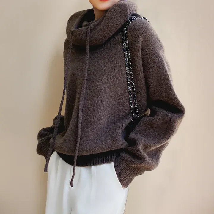 Women’s Knitted Sweatshirt – Oversized Fit – Soft Wool Blend – Cowl Neck with Drawstring