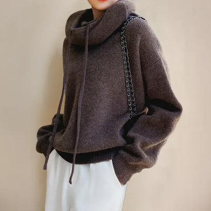 Women’s Knitted Sweatshirt – Oversized Fit – Soft Wool Blend – Cowl Neck with Drawstring